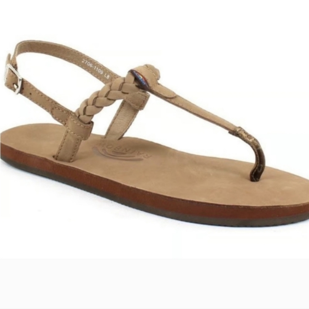 Rainbow T-Strap Brown Leather Sandals Size 8.5-9 XL Womens Slingback BoHo
